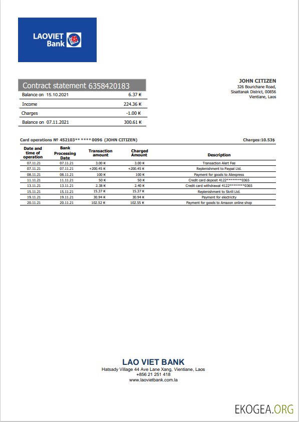 Modèle de relevé bancaire Laos Lao Viet Bank au format Word et PDF